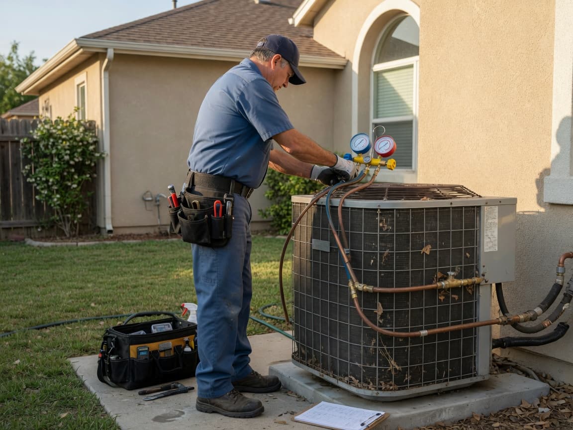 NATE-certified Arctic Air technician servicing a home air-conditioning condenser in Waco, TX